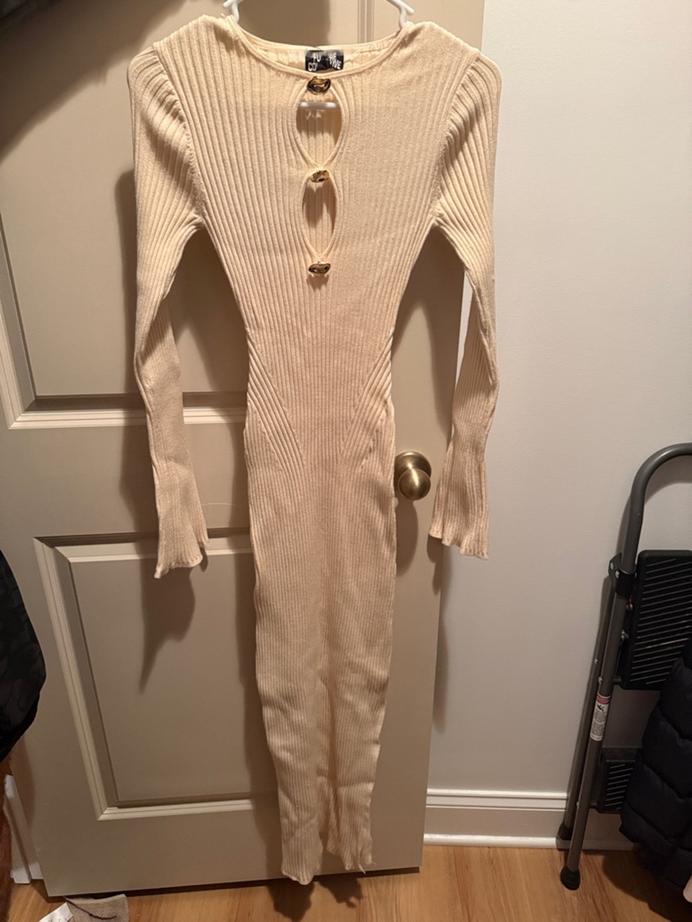 Ribbed Cream Long Sleeve Bodycon Dress with Keyhole Accents